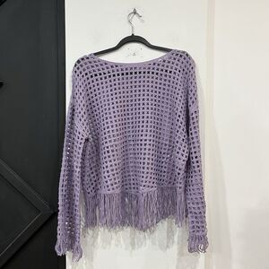 NWT Juniors Pullover Crochet Fringe Purple Sweater Top Size XL Boho Cottage